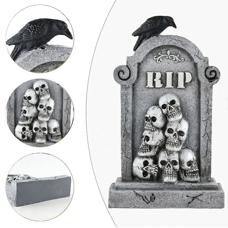 Doodad Co. Crow & Skeleton Tombstone Statue — Resin Yard Prop, Haunted House Accent