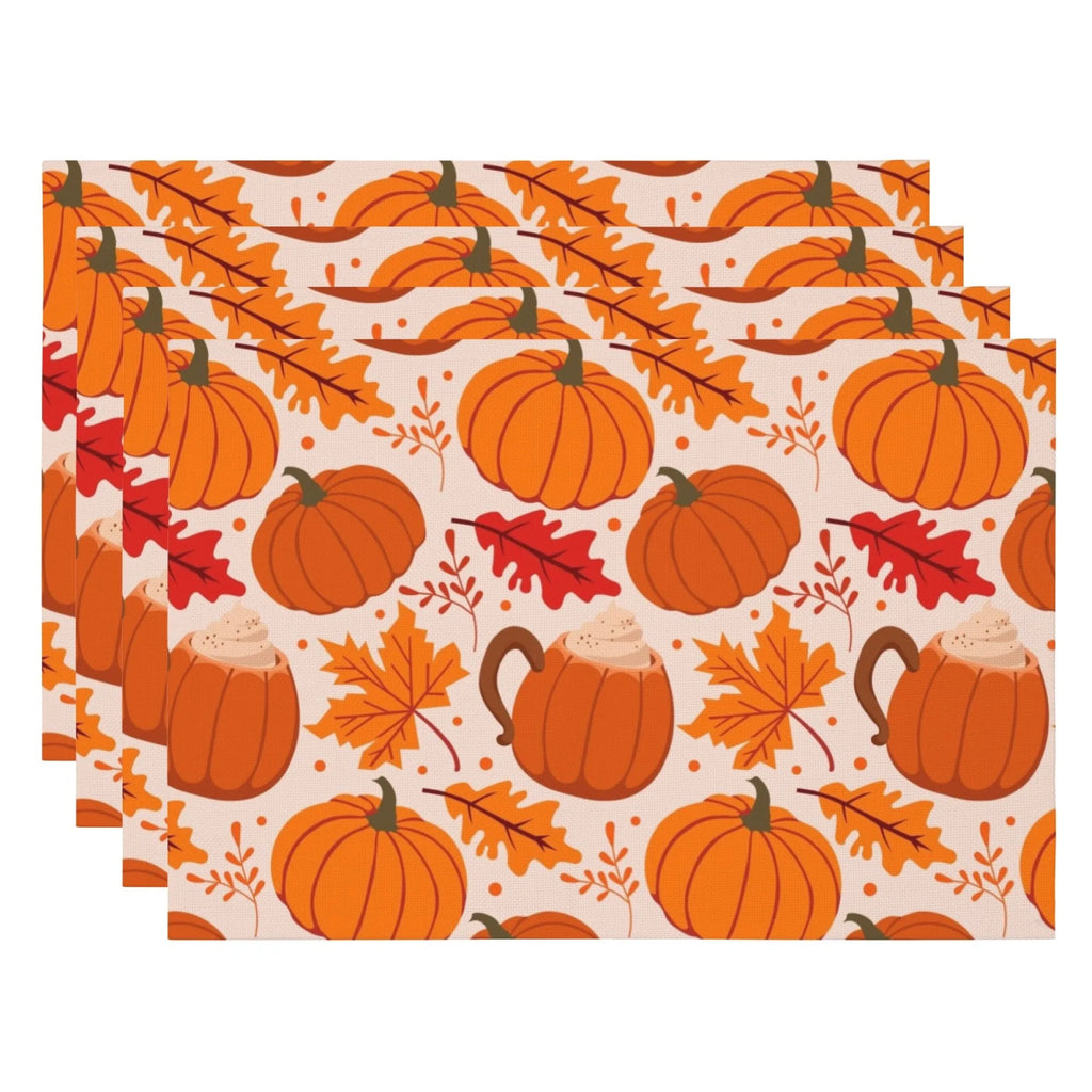Doodad Co. Pumpkin & Fall Leaves Placemats — Set of 4, Stain-Resistant Autumn Table Decor