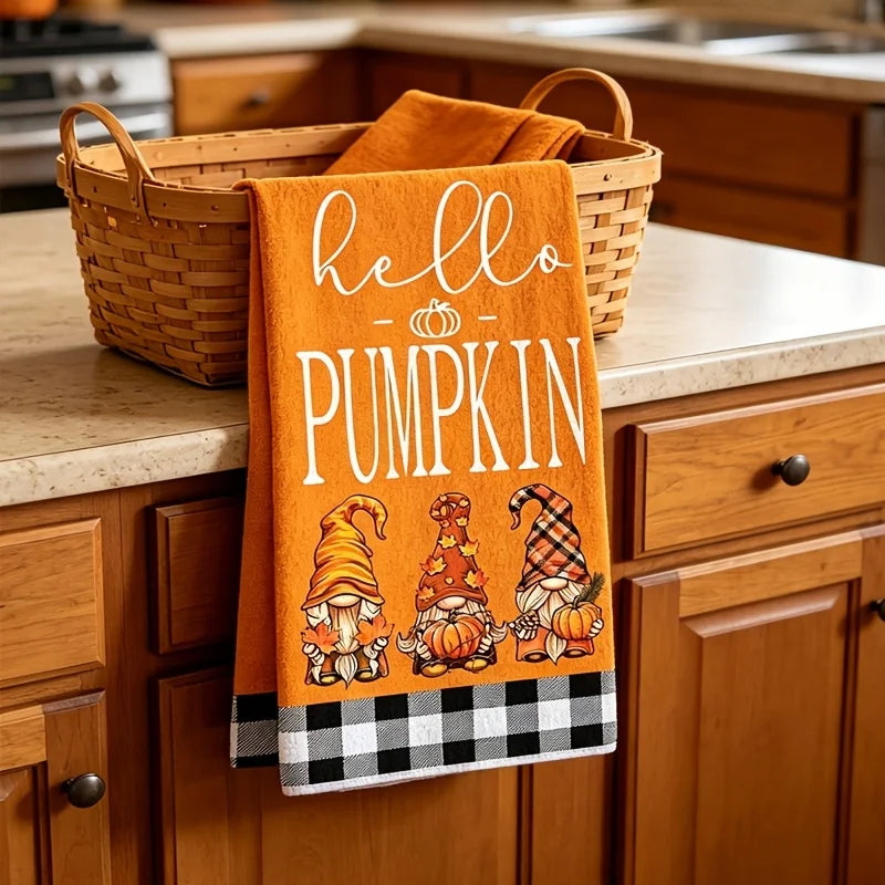 Doodad Co. Gnome & Pumpkin Kitchen Towels — Buffalo Plaid Autumn Set, Cozy Fall Decor