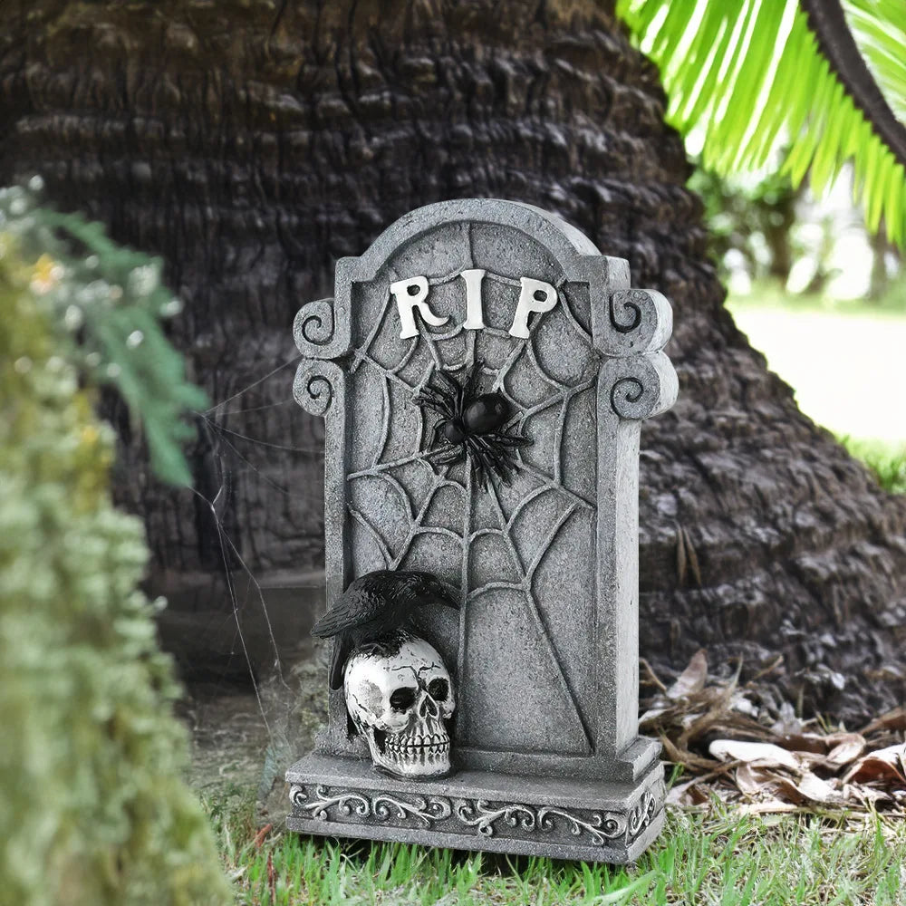 Doodad Co. Crow & Skeleton Tombstone Statue — Resin Yard Prop, Haunted House Accent