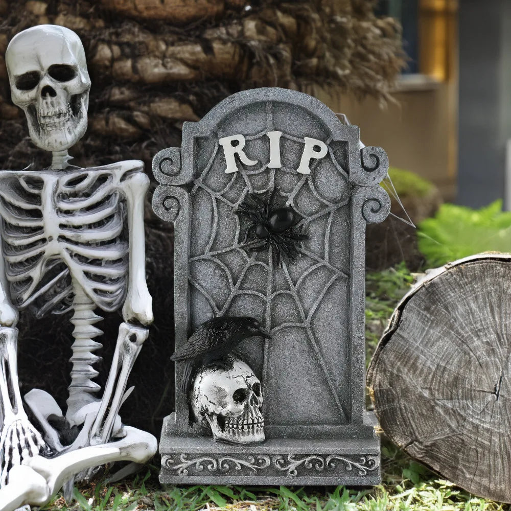 Doodad Co. Crow & Skeleton Tombstone Statue — Resin Yard Prop, Haunted House Accent