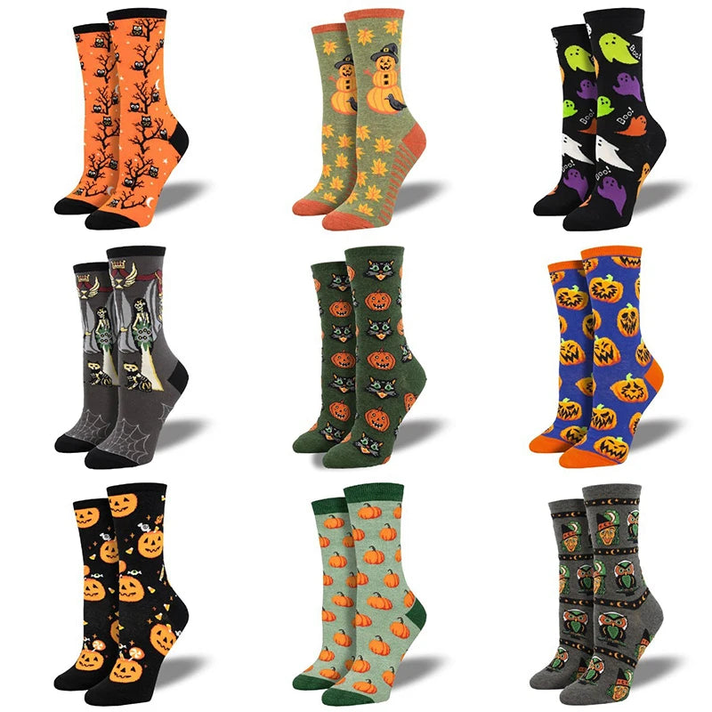 Doodad Co. Pumpkin Owl Crew Socks — Novelty Cotton, Unisex Halloween Fun