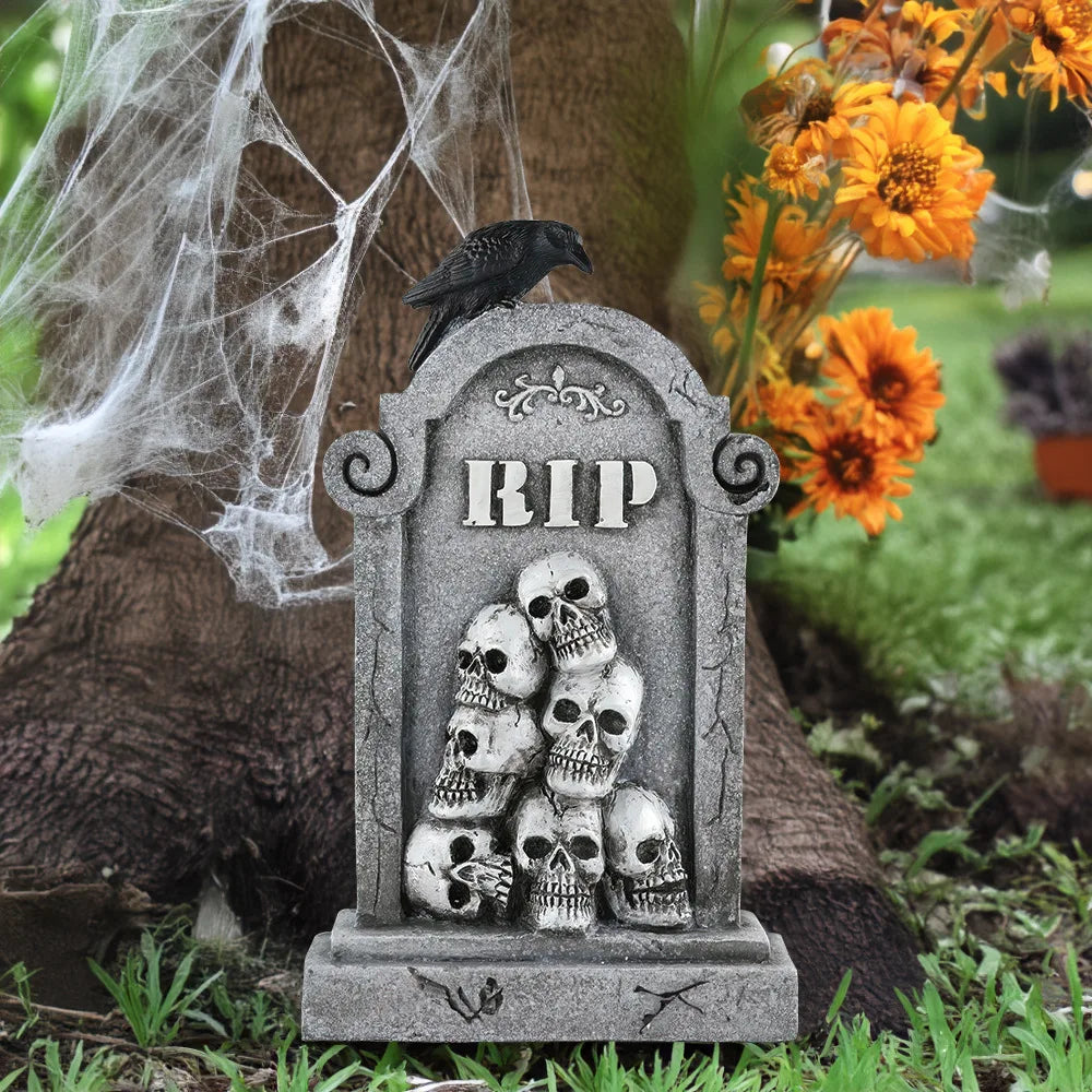 Doodad Co. Crow & Skeleton Tombstone Statue — Resin Yard Prop, Haunted House Accent