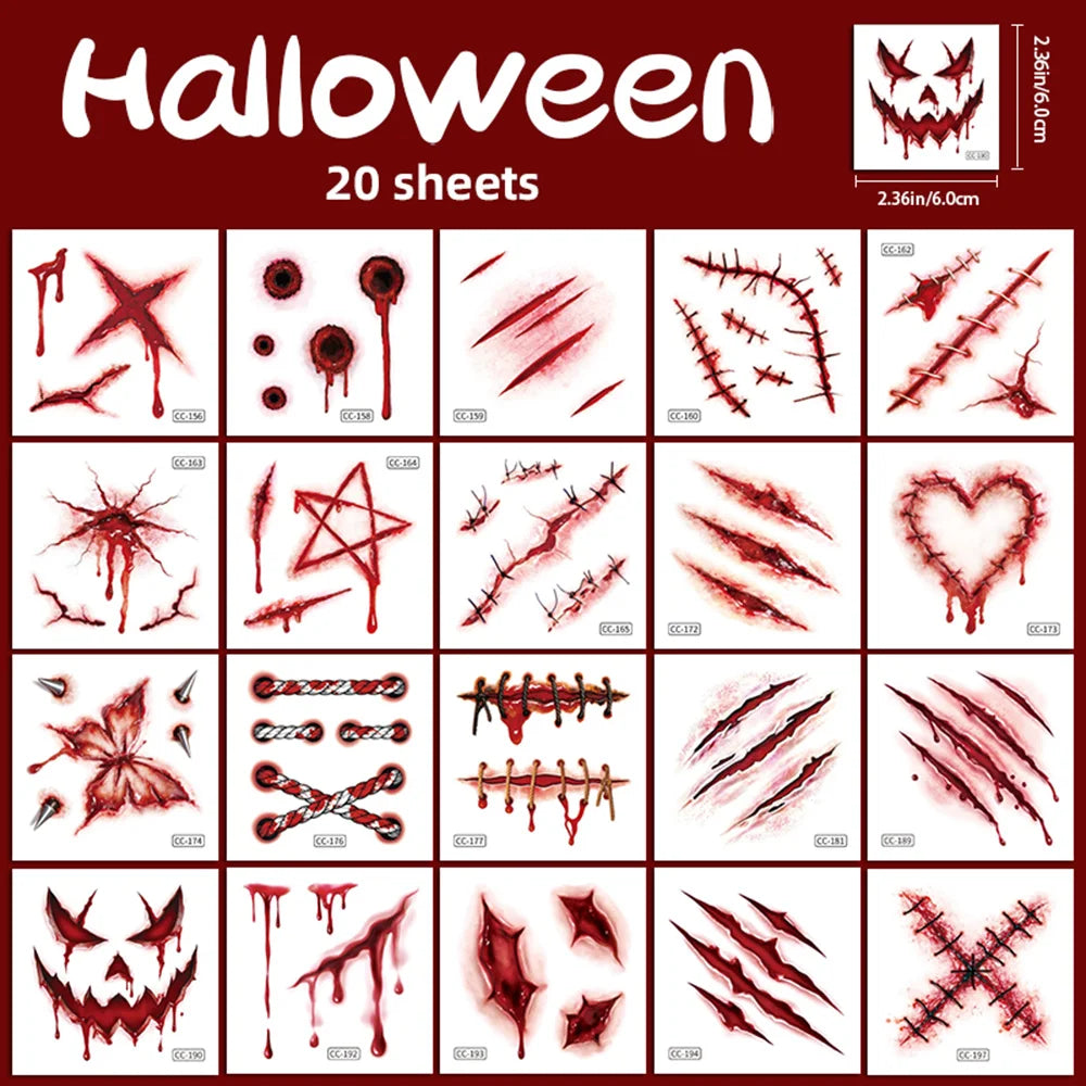 Doodad Co. Bloody Wound Tattoo Stickers — 20-Pack 3D Scars, Easy Apply & Remove