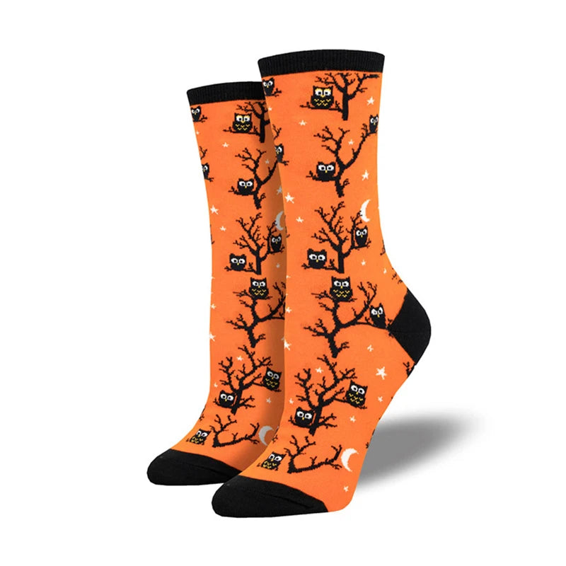 Doodad Co. Pumpkin Owl Crew Socks — Novelty Cotton, Unisex Halloween Fun
