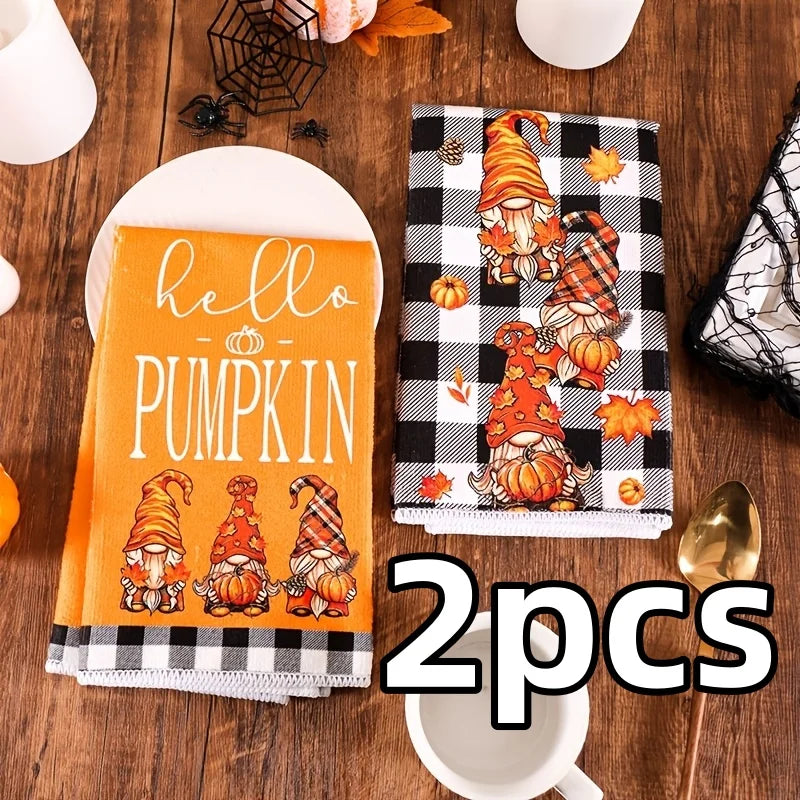 Doodad Co. Gnome & Pumpkin Kitchen Towels — Buffalo Plaid Autumn Set, Cozy Fall Decor