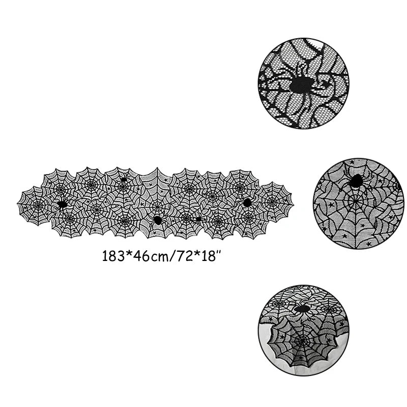 Doodad Co. Lace Skull & Spider Web Table Runner — Fireplace Mantel Scarf, Gothic Halloween Decor