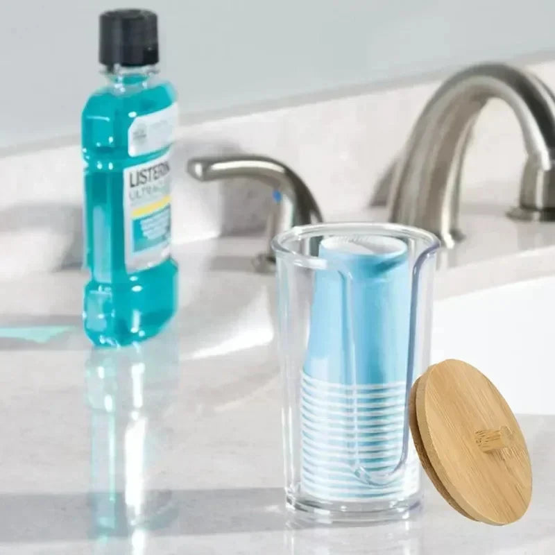 Doodad Co. Acrylic Cotton Pad Organizer — Bamboo Lid, Bathroom Storage
